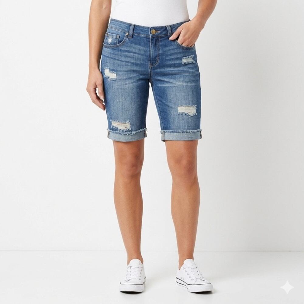 Soho New York & Co Women's Bermuda Jean Shorts 0 Distressed Cut Off Cuffed 10"
